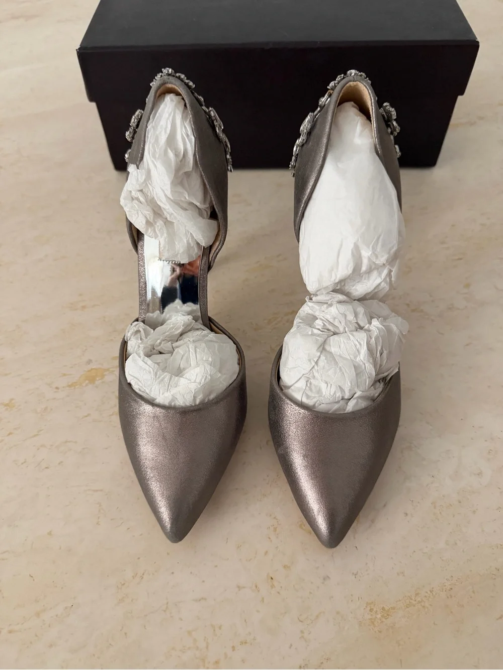Badgley Mischka Metallic Taupe D'Orsay Pumps with Embellished Heel